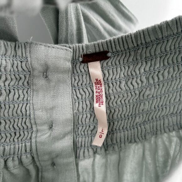 FREE PEOPLE Light Green Bom Bom Island Ruched Linen Cotton Boho Mini Dress Large - Picture 9 of 10